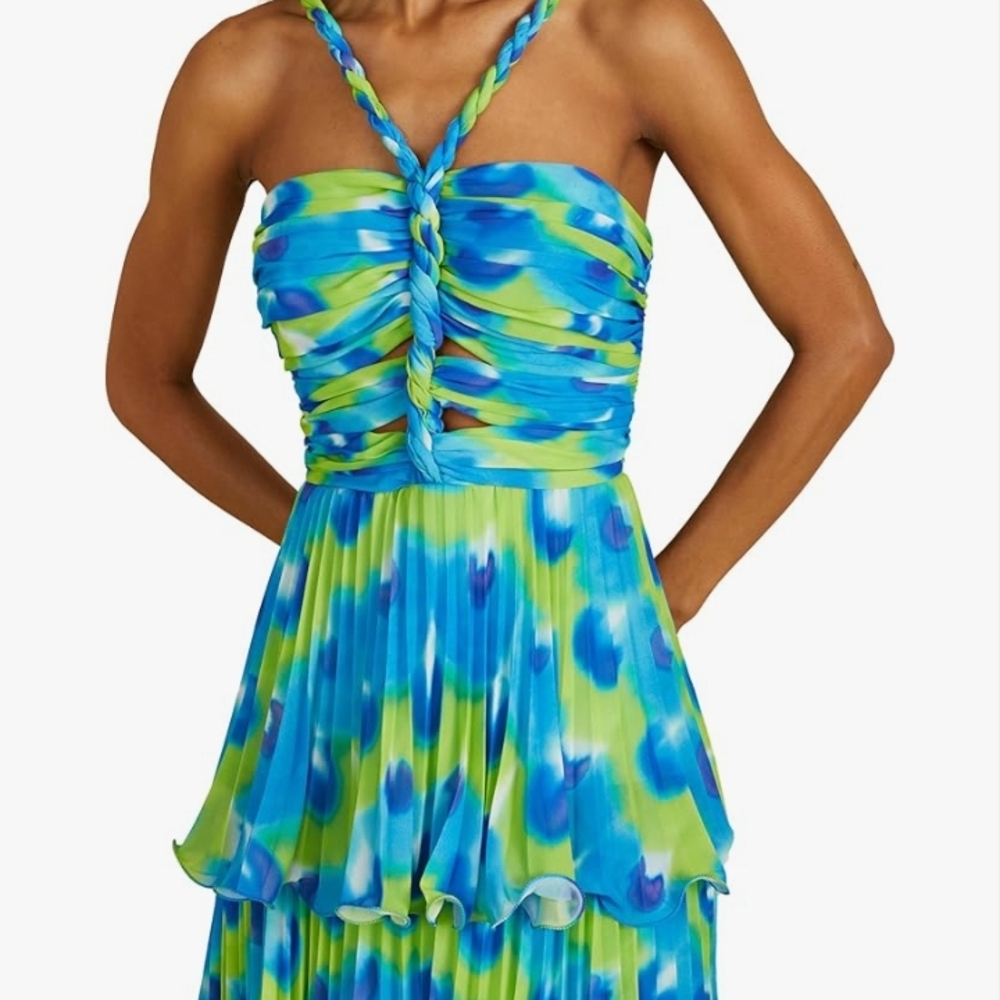 AMUR Blue and Green Pleated Midi Dress - Picture 3 of 5